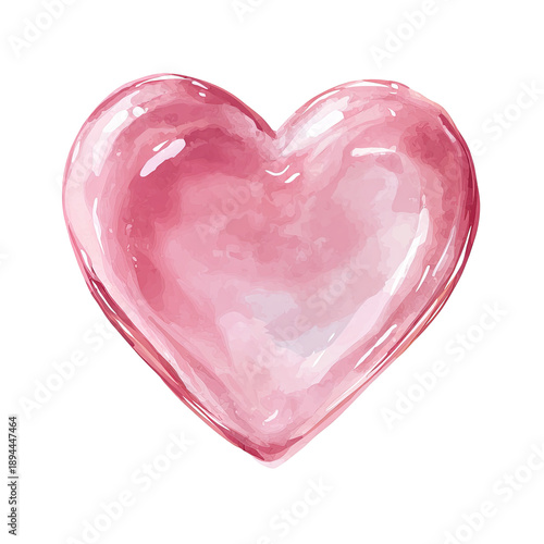 Watercolor translucent pink heart shape with highlights on a transparent black background