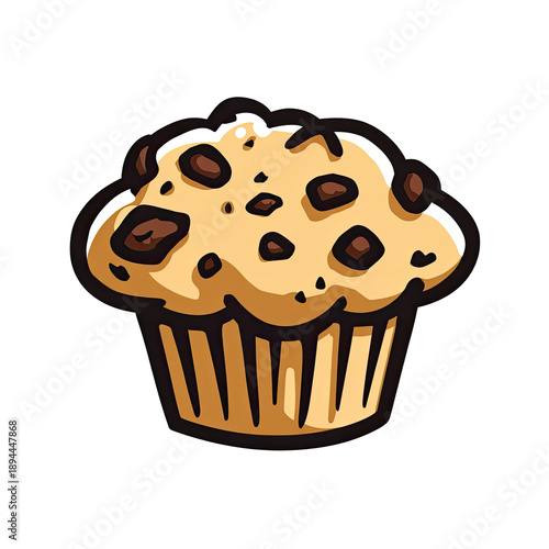 A cartoon muffin with chocolate chips, sitting on a black background. Simple, cute illustration