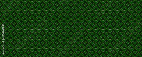 Green playing cards pattern background. Retro poker or casino table theme wallpaper. Vintage emerald spades, hearts, diamonds, clubs symbols backdrop. Vegas gambling concept texture. Vector