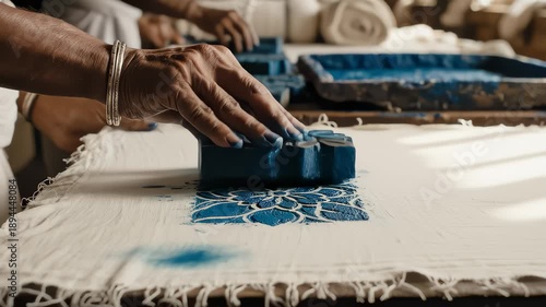 Person Stamps Fabric With Blue Dye in a Traditional Style Workshop