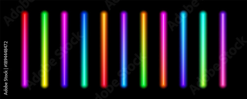 Bright gradient neon tube lamp set. Iridescent led light line beam collection. Shiny luminous fluorescent bar sticks. Glowing colorful strip element pack to divide, separate, decorate. Vector
