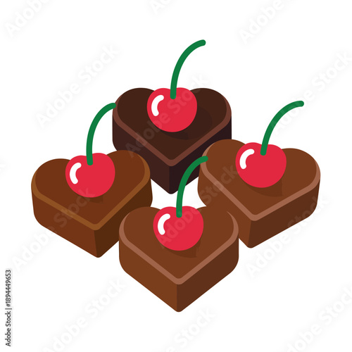 A digital illustration of heart-shaped brown chocolates with cherries on top