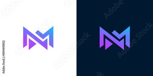 Modern abstract letter 'M' or 'MV' logo design featuring a vibrant gradient of purple and blue, ideal for technology, business, or branding