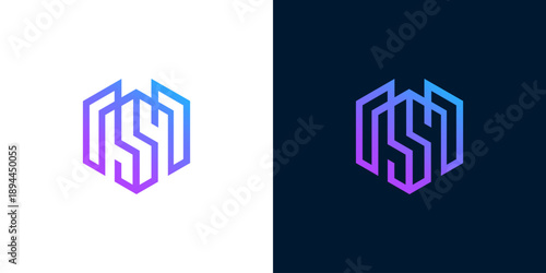 Abstract geometric logo design with interconnected lines forming a hexagonal shape, presented in a vibrant purple and blue gradient, perfect for modern branding and innovative tech solutions