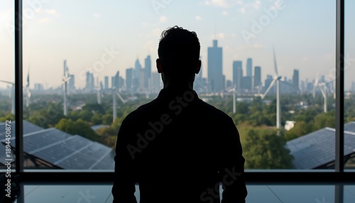 Silhouettes of a man and woman on a city deck with skyscrapers in the background