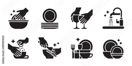 Washing dishes line icons set including sink faucet plates glasses and hands cleaning bowl