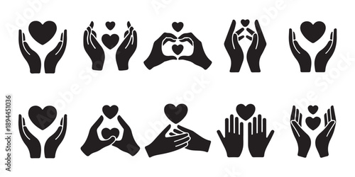 Human hands holding hearts icons for charity support love and care concepts set collection