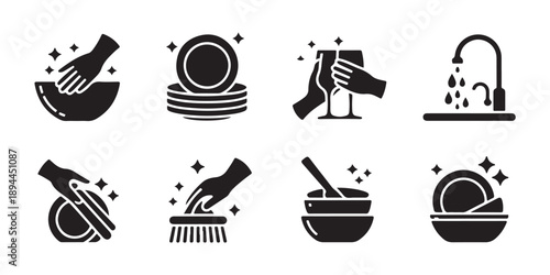 Set of dishwashing icons in glyph style. cleaning and washing dishes concept. vector illustration