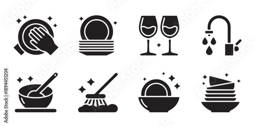 Kitchen cleaning icons with sparkling dishes washing hands and mopping floor