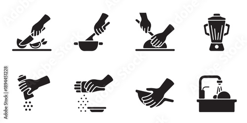 Cooking and food preparation icons set with hands cutting vegetables stirring and seasoning
