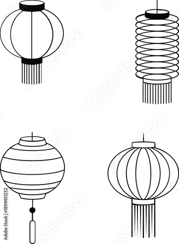 Four black and white line art illustrations of traditional Asian lanterns Chinese lantern