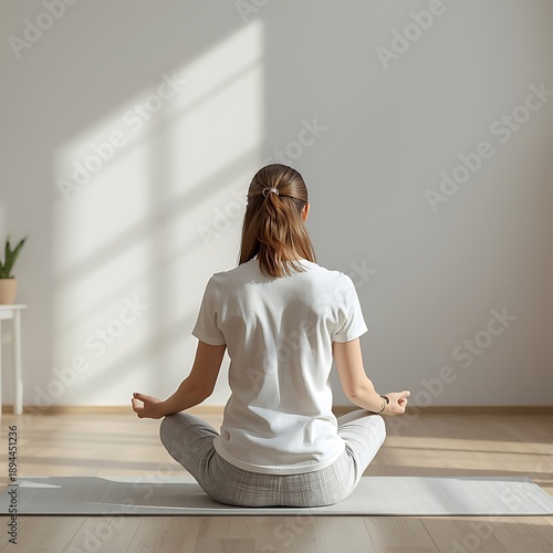 Young woman meditating in lotus pose at home practicing yoga and wellness