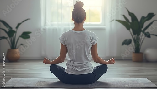 Young woman meditating and doing yoga indoors on the floor for fitness and relaxation