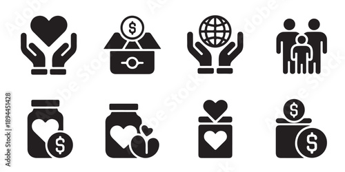 Humanitarian aid icons featuring charitable donations community support and global care set