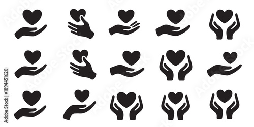 Giving hands icons with heart symbols for volunteering and humanitarian aid organizations
