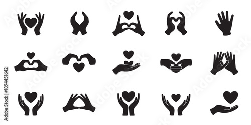Hands and heart vector icons set. love, care, charity, and donation concepts