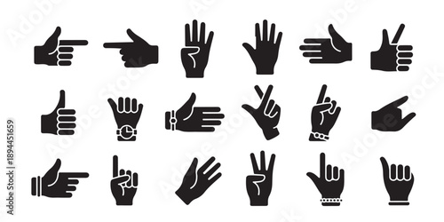 Hand gestures black icons set. pointing, thumbs up, and numbers counting