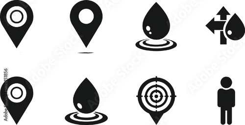 Set of bold black navigation icons featuring location pins water droplets and target markers isolated on grey background for interface design
