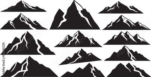Collection of various mountain silhouettes in black and white