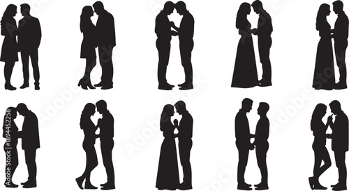 Silhouettes of romantic couples in various loving poses together