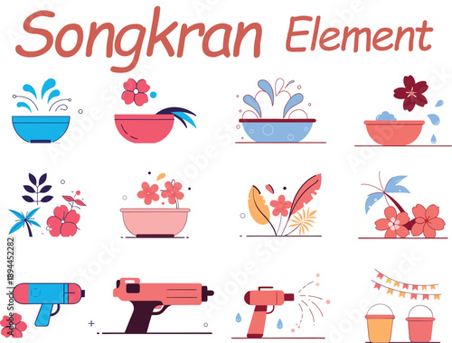Vibrant collection of songkran festival elements with water bowls, flowers, and water guns