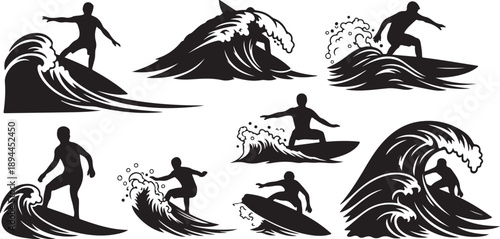 Surfers riding waves in various dynamic poses and styles