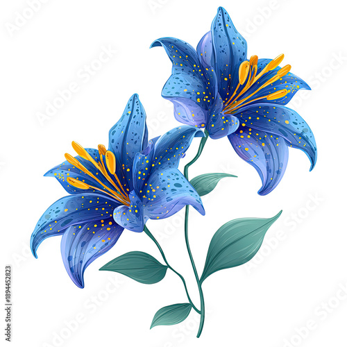 Two celestial blue lilies with golden accents, stems and leaves on a black background