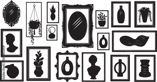 Collection of black framed pictures and decorative objects silhouettes