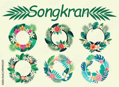 Vibrant tropical songkran wreath collection with exotic flowers and lush green foliage
