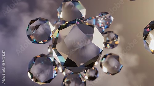 Abstract 3D render of a crystalline molecule structure with transparent faceted spheres floating in a hazy atmosphere.