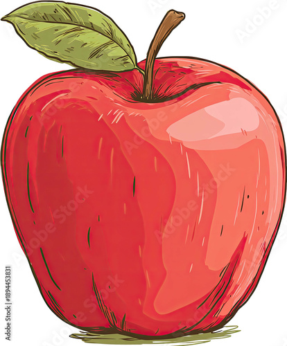 Digitally painted, plump, red fruit with a green leaf and a brown stem