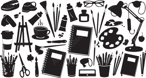 Creative workspace with art supplies and stationery items