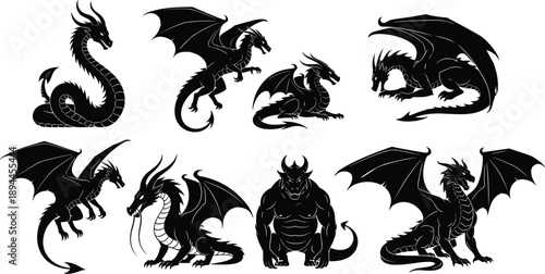 Dragon silhouette vector set, mythical creature collection, flying dragon icons, fantasy monster silhouettes, medieval beast graphics, isolated dragon wings, fire-breathing serpent.
