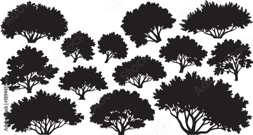 Collection of tree silhouettes on white background illustration set