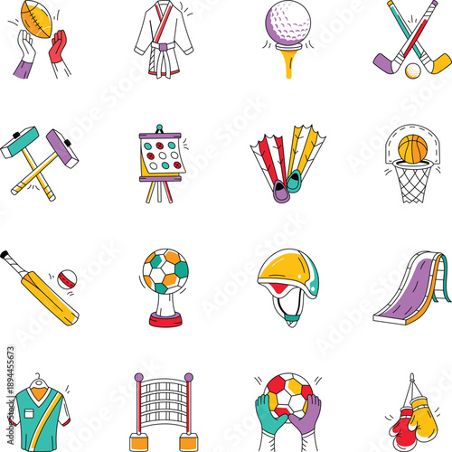Pack of Sports and Game Doodle Style Icons 

