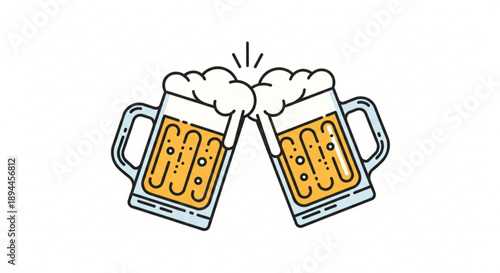 Two beer mugs clinking together with foam