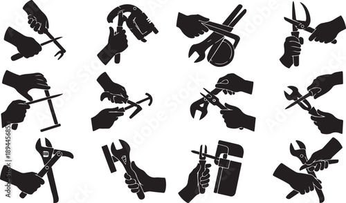 Hands holding various tools and equipment in black silhouettes