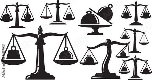 Set of black and white scales illustrations for justice