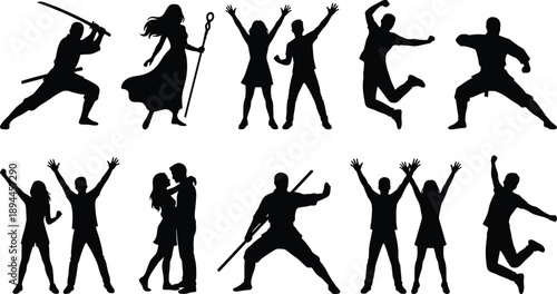 Collection of dynamic human silhouettes showing action, celebration, martial arts, fantasy characters, and couples in expressive poses isolated on white background
