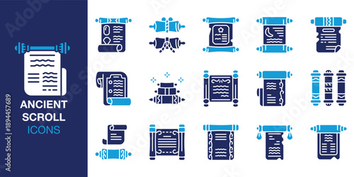 Ancient Scroll Icon set. Containing decree, contract, charter, certificate, antique and more. Solid vector icons collection. Vector illustration.