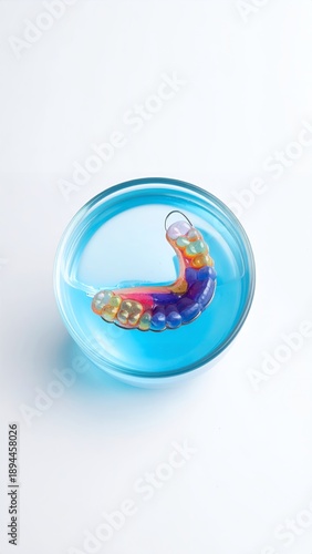 Colorful Dental Retainer in Clear Water on White Background.