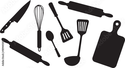 Black silhouettes of kitchen utensils on white background