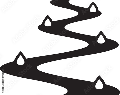 Black winding road with teardrop shapes on white background