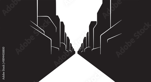 Monochromatic cityscape with sleek skyscrapers and white pathway leading
