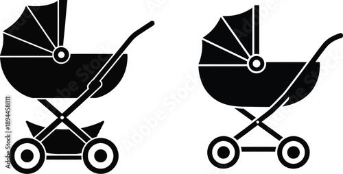 Black baby stroller silhouettes on transparent background for newborn nursery and parenting design