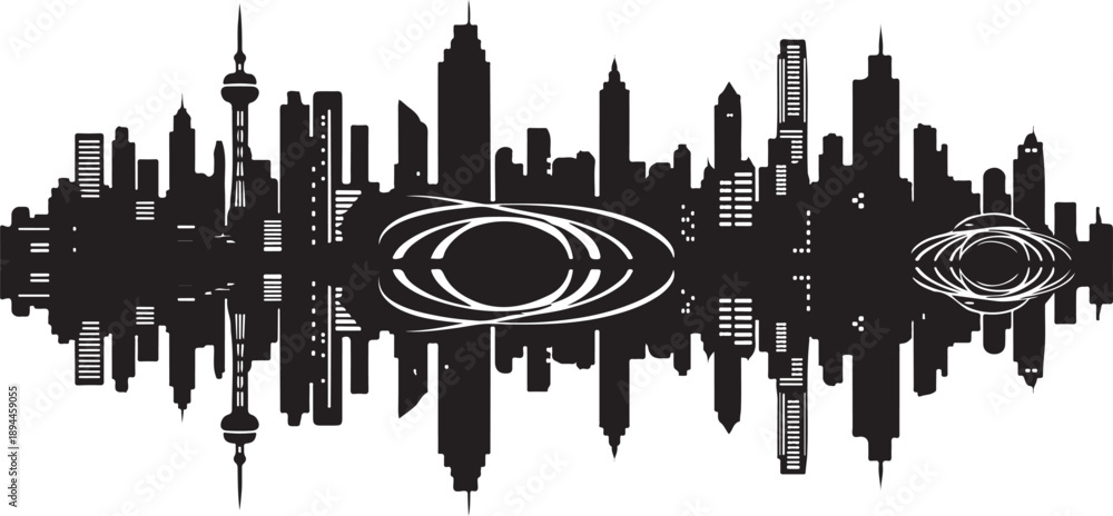 Obraz premium City Skyline Silhouette with Sound Wave Design Elements Graphic
