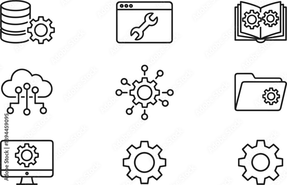 Fototapeta premium Technology and system settings icon set featuring cloud database network configuration development and gear symbols
