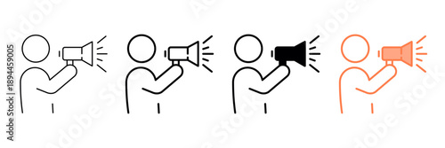 Set of minimalist people with megaphones icons with transparent background, depicting communication, marketing, public speaking, and notification symbols, vector illustration