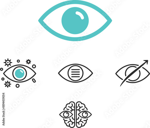 Vision and perception icon set featuring eye visibility insight focus awareness and cognition symbols in multiple styles