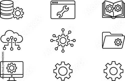 Technology and system settings icon set featuring cloud database network configuration development and gear symbols